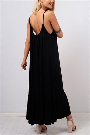 Askılı Siyah Eteği Bükümlü Bayan Elbise 8395B