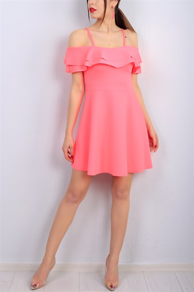 Askılı Yaka Fırfırlı Bayan Neon Elbise 13262B