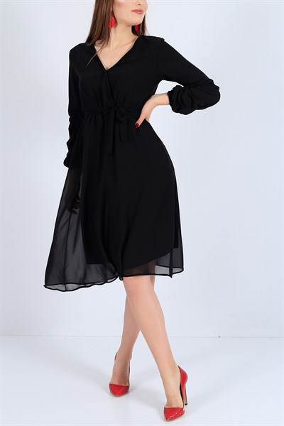 Astarlı Beli Lastikli Siyah Şifon Elbise 22884B