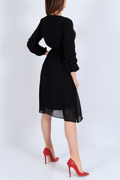 Astarlı Beli Lastikli Siyah Şifon Elbise 22884B