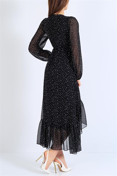 Astarlı Benekli Siyah Şifon Elbise 25483B