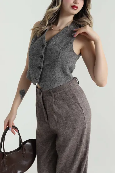 Astarlı Düğmeli Twill Kaşe Kadın Yelek 495351