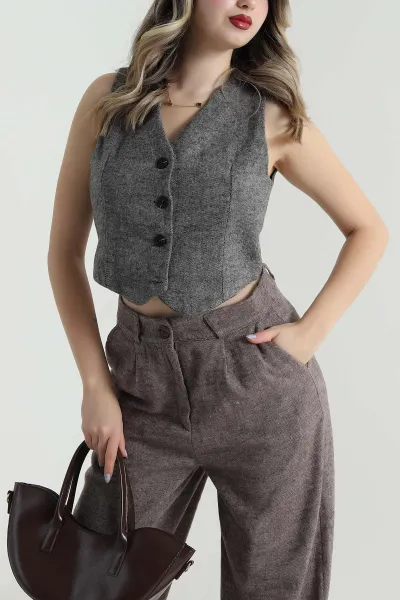 Astarlı Düğmeli Twill Kaşe Kadın Yelek 495351