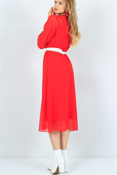 Astarlı Flok Baskı Kırmızı Şifon Elbise 23996B