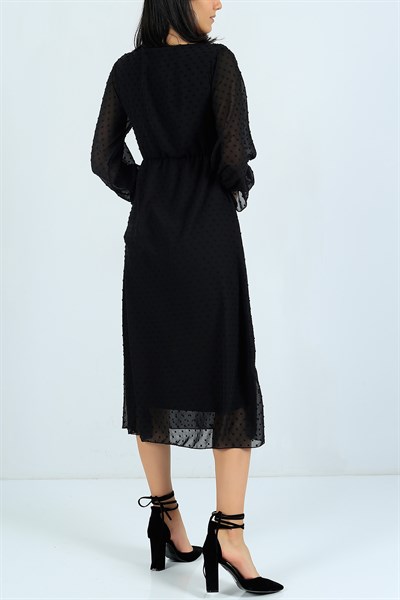 Astarlı Flok Baskı Siyah Şifon Elbise 23997B
