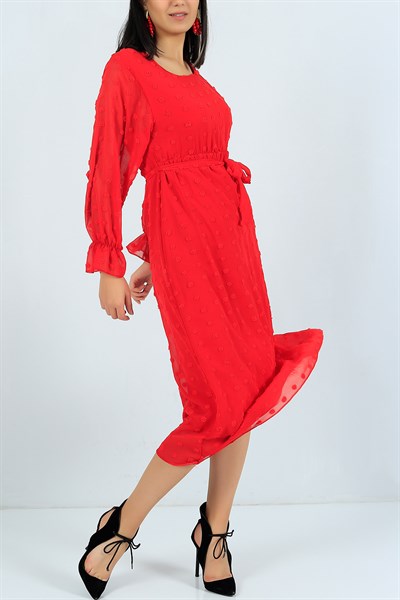 Astarlı Kemerli Kırmızı Şifon Elbise 23992B
