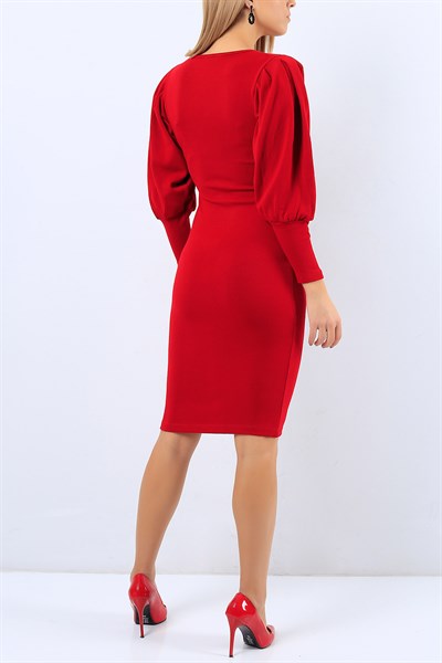 Balon Kol Kırmızı Likralı Triko Elbise 20757B