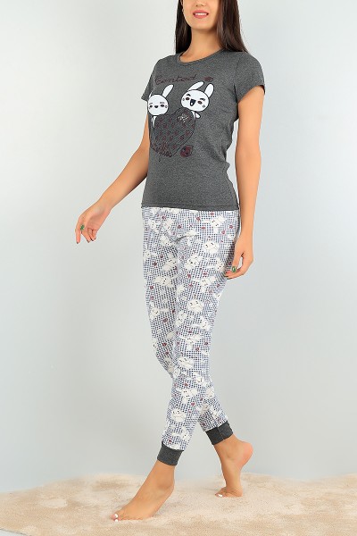 Baskılı Antrasit Bayan Pijama Takımı 73480