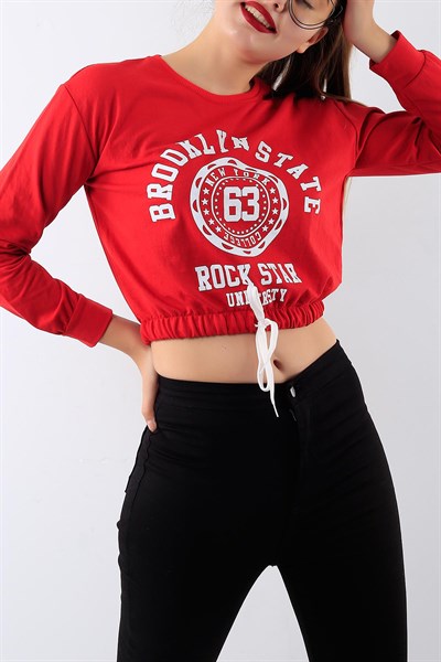 Baskılı Belden Bağlamalı Kırmızı Sweat 20084B