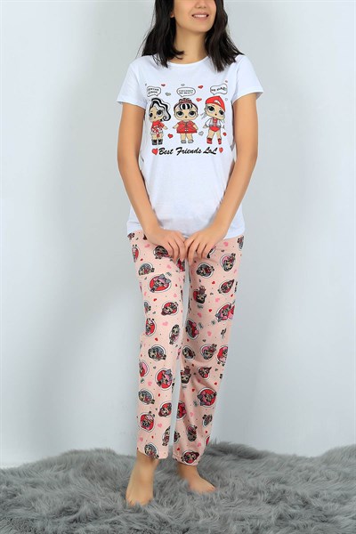 Baskılı Beyaz Bayan Pijama Takımı 24304B