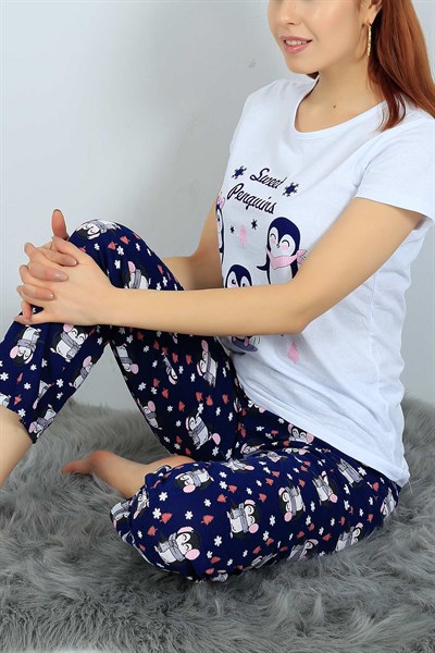 Baskılı Beyaz Bayan Pijama Takımı 24316B