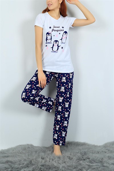 Baskılı Beyaz Bayan Pijama Takımı 24316B