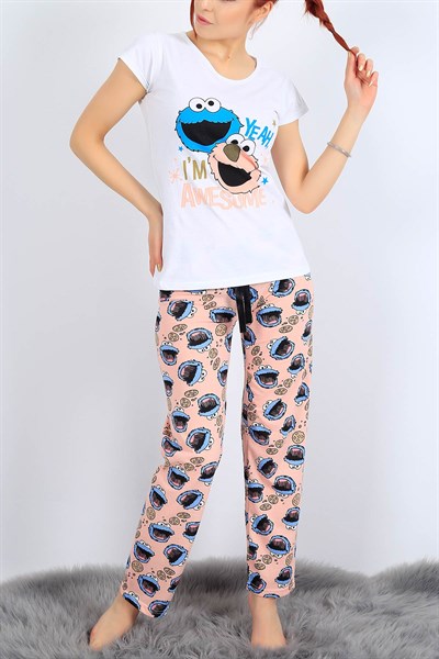 Baskılı Beyaz Bayan Pijama Takımı 27079B