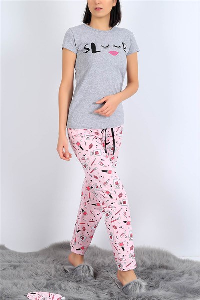 Baskılı Gri Bayan Pijama Takımı 27072B