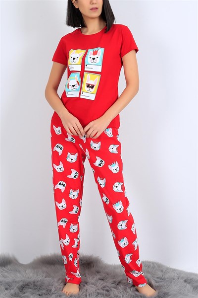 Baskılı Kırmızı Bayan Pijama Takımı 26944B