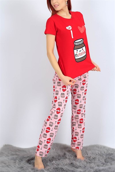 Baskılı Kırmızı Bayan Pijama Takımı 26955B