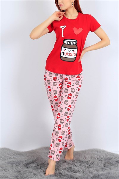 Baskılı Kırmızı Bayan Pijama Takımı 26955B