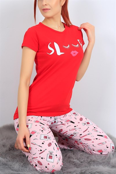 Baskılı Kırmızı Bayan Pijama Takımı 27070B