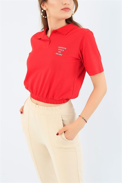 Baskılı Kırmızı Bayan Polo Yaka Tişört 36016