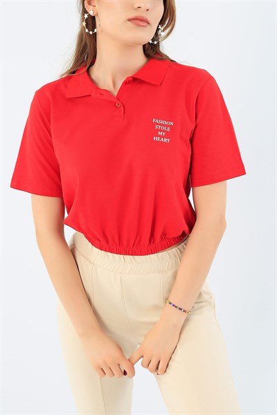 Baskılı Kırmızı Bayan Polo Yaka Tişört 36016