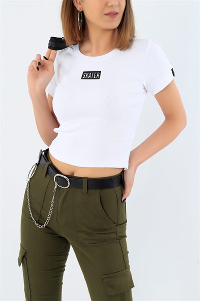 Baskılı Krem Crop Tişört 30720