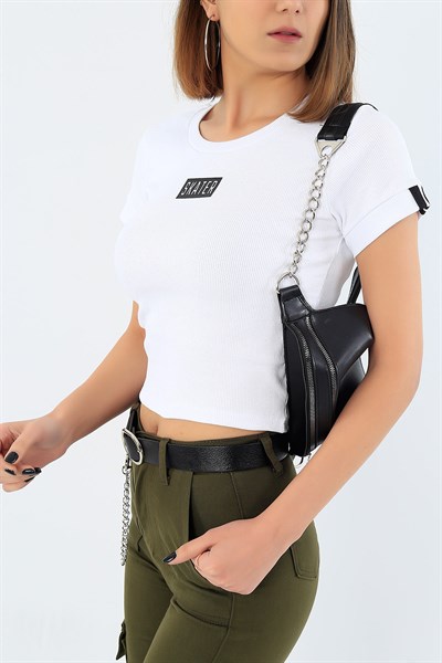 Baskılı Krem Crop Tişört 30720