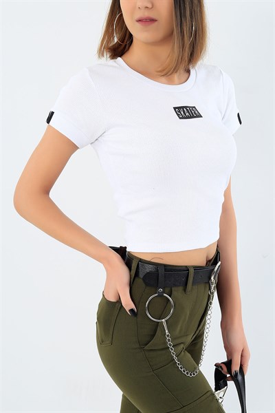 Baskılı Krem Crop Tişört 30720