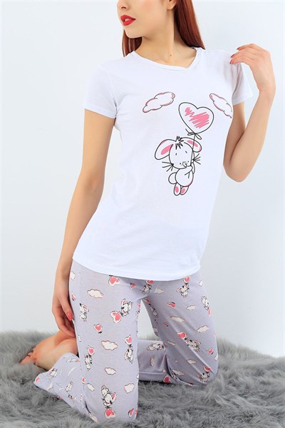 Baskılı Likralı Bayan Pijama Takımı 33682
