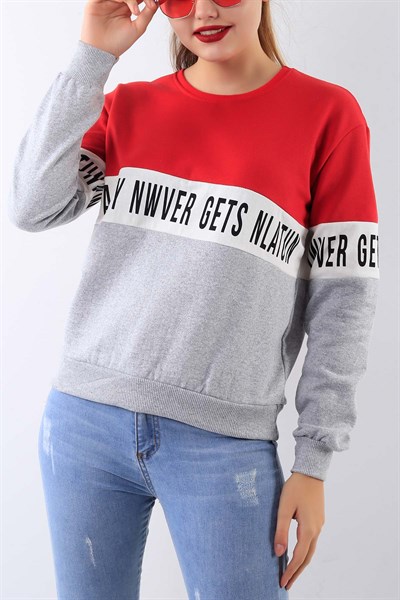 Baskılı Likralı Kırmızı Bayan Sweat 20071B