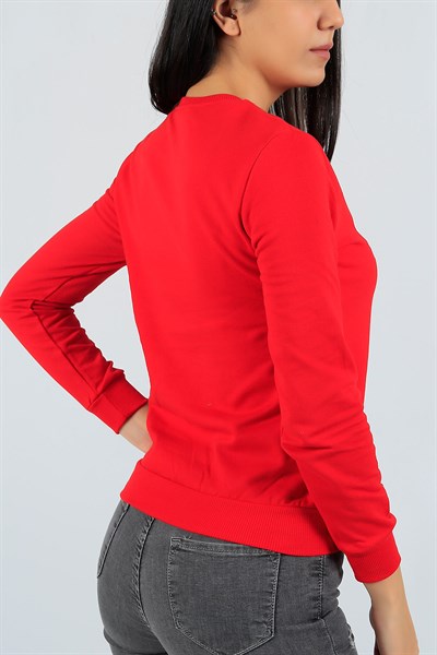 Baskılı Likralı Kırmızı Bayan Sweat 23084B