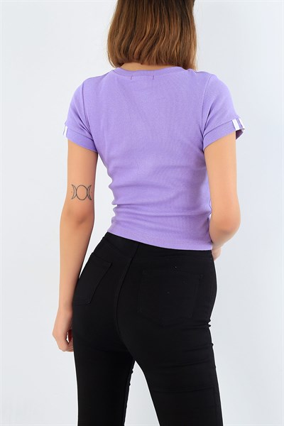 Baskılı Lila Crop Tişört 30719