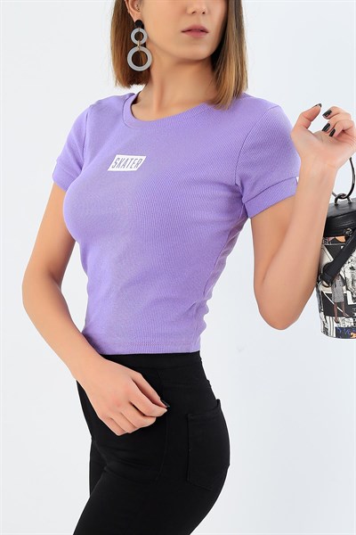 Baskılı Lila Crop Tişört 30719