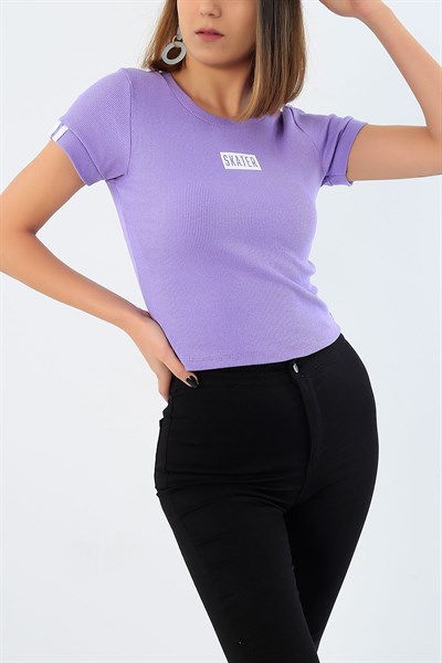 Baskılı Lila Crop Tişört 30719
