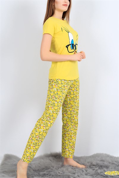 Baskılı Sarı Bayan Pijama Takımı 26967B