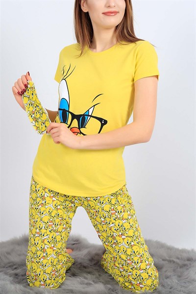 Baskılı Sarı Bayan Pijama Takımı 26967B
