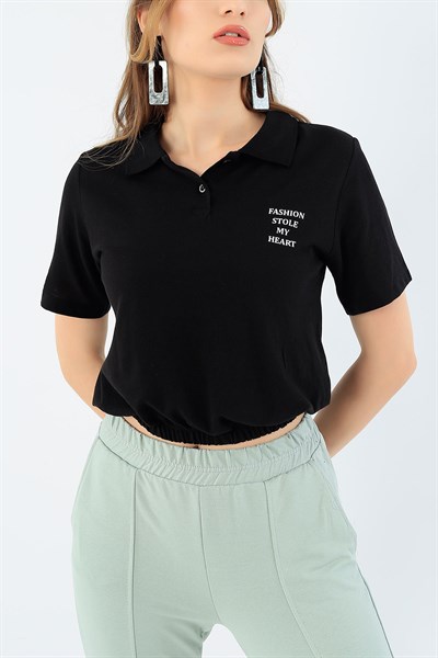 Baskılı Siyah Bayan Polo Yaka Tişört 36013