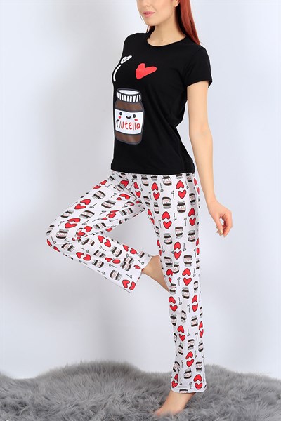 Baskılı Siyah Bayan Pijama Takımı 26952B