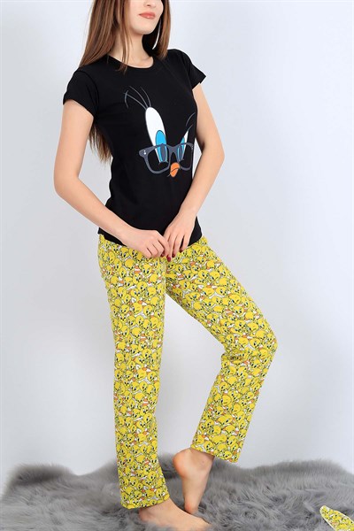 Baskılı Siyah Bayan Pijama Takımı 26965B