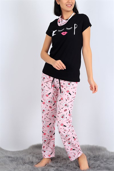 Baskılı Siyah Bayan Pijama Takımı 27074B