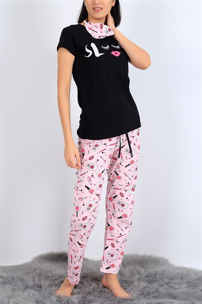 Baskılı Siyah Bayan Pijama Takımı 27074B