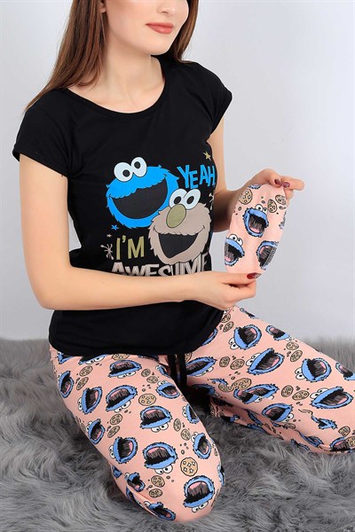 Baskılı Siyah Bayan Pijama Takımı 27078B