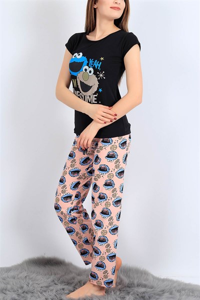 Baskılı Siyah Bayan Pijama Takımı 27078B