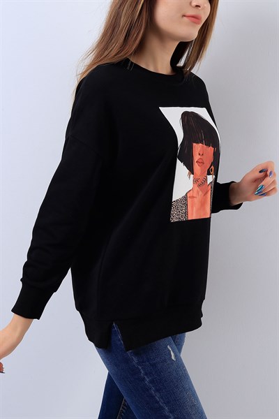Baskılı Siyah Bayan Sweat 17816B