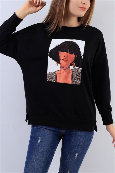 Baskılı Siyah Bayan Sweat 17816B