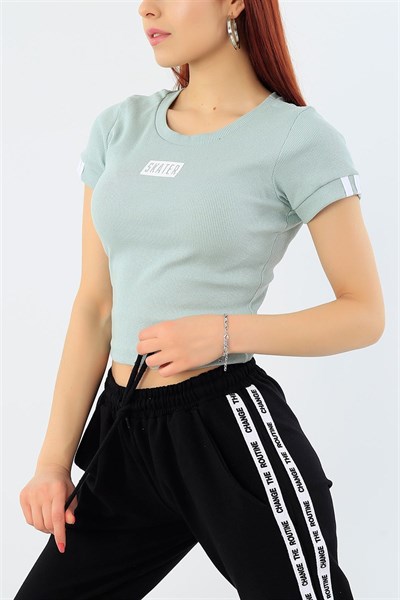 Baskılı Su Yeşili Crop Tişört 32863
