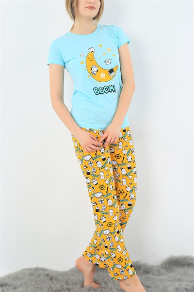 Baskılı Turkuaz Bayan Pijama Takımı 33014