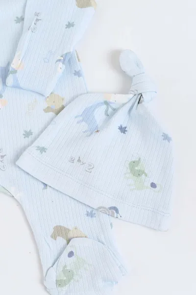 Bebe Mavisi (0-12 Ay) Zürafa Desenli Şapkalı Çıtçıtlı İkili Bebek Tulum 281922