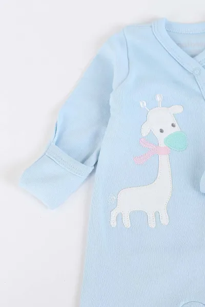 Bebe Mavisi (0-12 Ay) Zürafa Desenli Şapkalı Çıtçıtlı İkili Bebek Tulum 281922