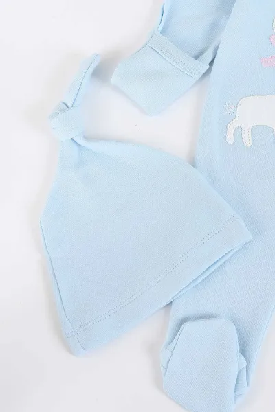 Bebe Mavisi (0-12 Ay) Zürafa Desenli Şapkalı Çıtçıtlı İkili Bebek Tulum 281922
