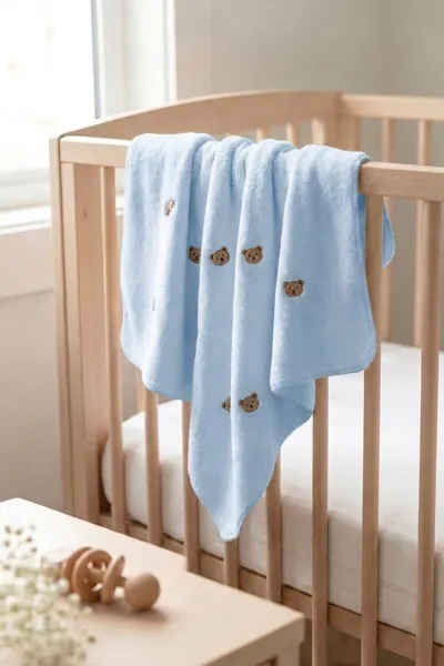 Bebe Mavisi (0-18 Ay) Ayıcık Nakışlı  Wellsoftt  Bebek Battaniye 477435
